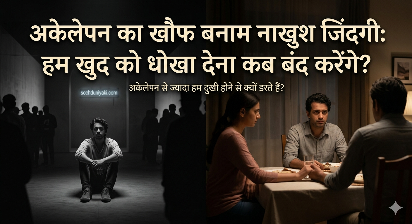 "एक गहरी मनोवैज्ञानिक छवि, जो दो भागों में बंटी है। बाईं ओर एक अंधेरे, खाली कमरे में एक व्यक्ति अकेला और डरा हुआ बैठा है, जो अकेलेपन के डर को दर्शाता है। दाईं ओर वही व्यक्ति एक तनावपूर्ण और उदास डिनर टेबल पर एक रिश्ते में बैठा है, जो नाखुशी को दर्शाता है। इमेज के ऊपर बड़े हिंदी अक्षरों में लिखा है: 'अकेलेपन का खौफ बनाम नाखुश जिंदगी: हम खुद को धोखा देना कब बंद करेंगे?'। बीच में एक छोटा पोस्टर दिख रहा है जिस पर 'sochduniyaki.com' लिखा है।"