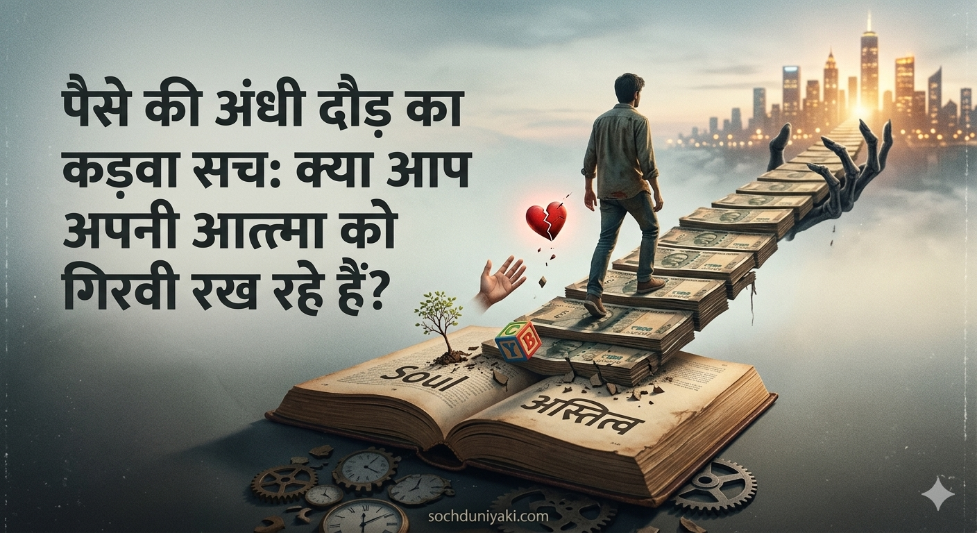 A conceptual image of a man offering his soul for a mountain of wealth and facing mental despair, symbolizing the dark truth of chasing money."