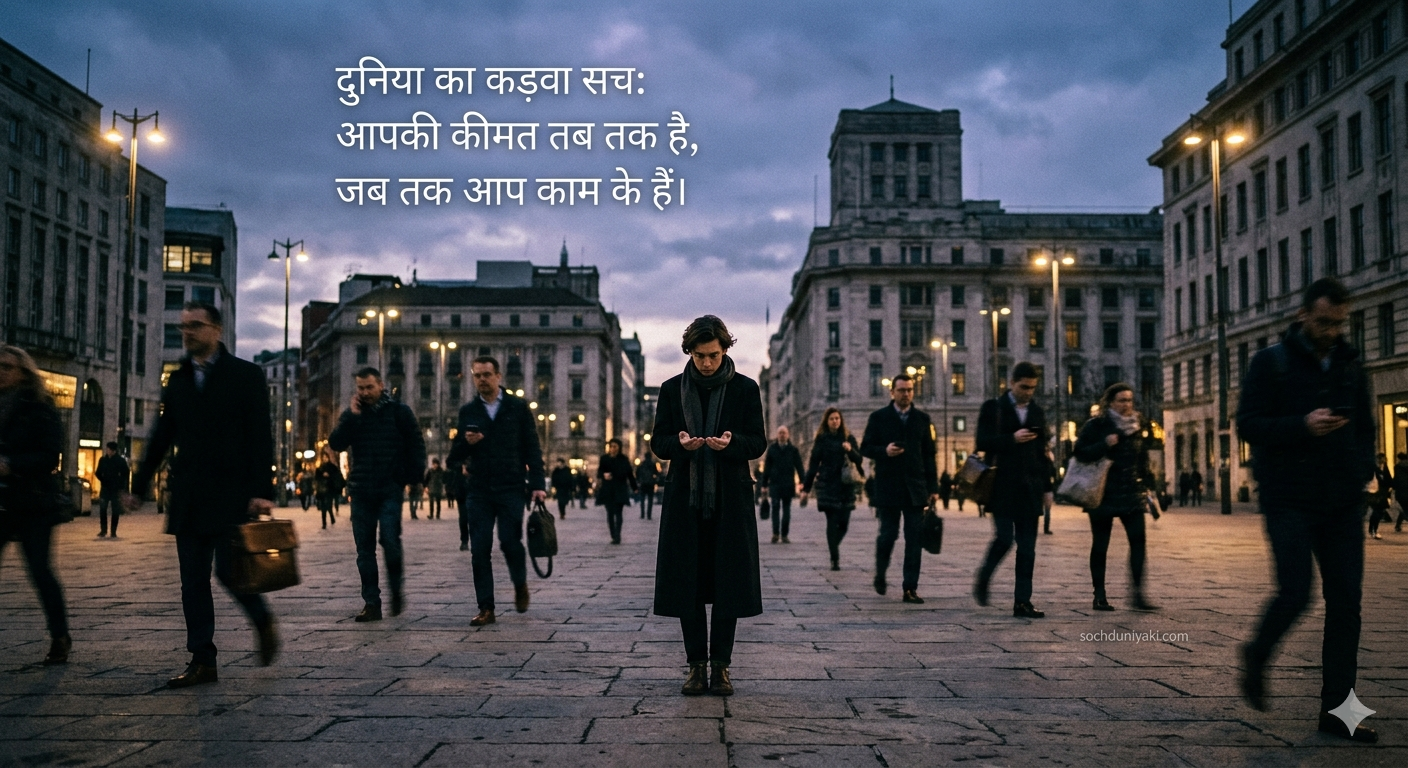 A lonely man standing in a crowded city street representing conditional relationships and human utility