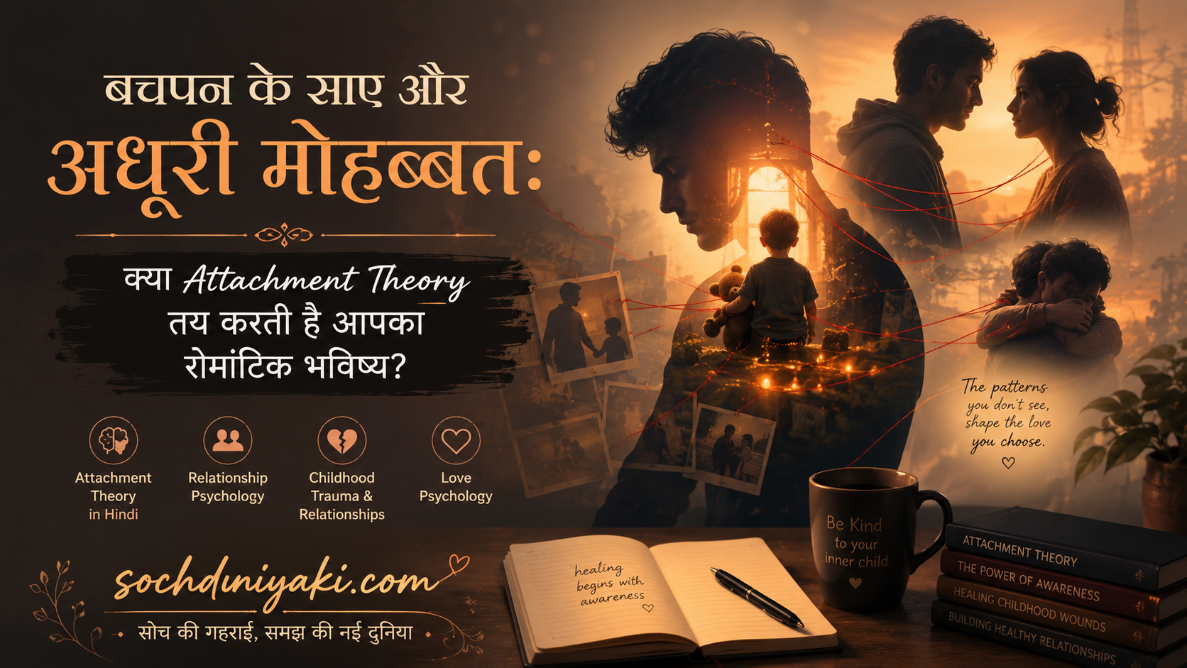 बचपन के emotional trauma, attachment theory और romantic relationships के connection को दर्शाती cinematic psychology themed illustration, जिसमें childhood memories, emotional bonds और love psychology को symbolically दिखाया गया है | SochDuniyaKi.com