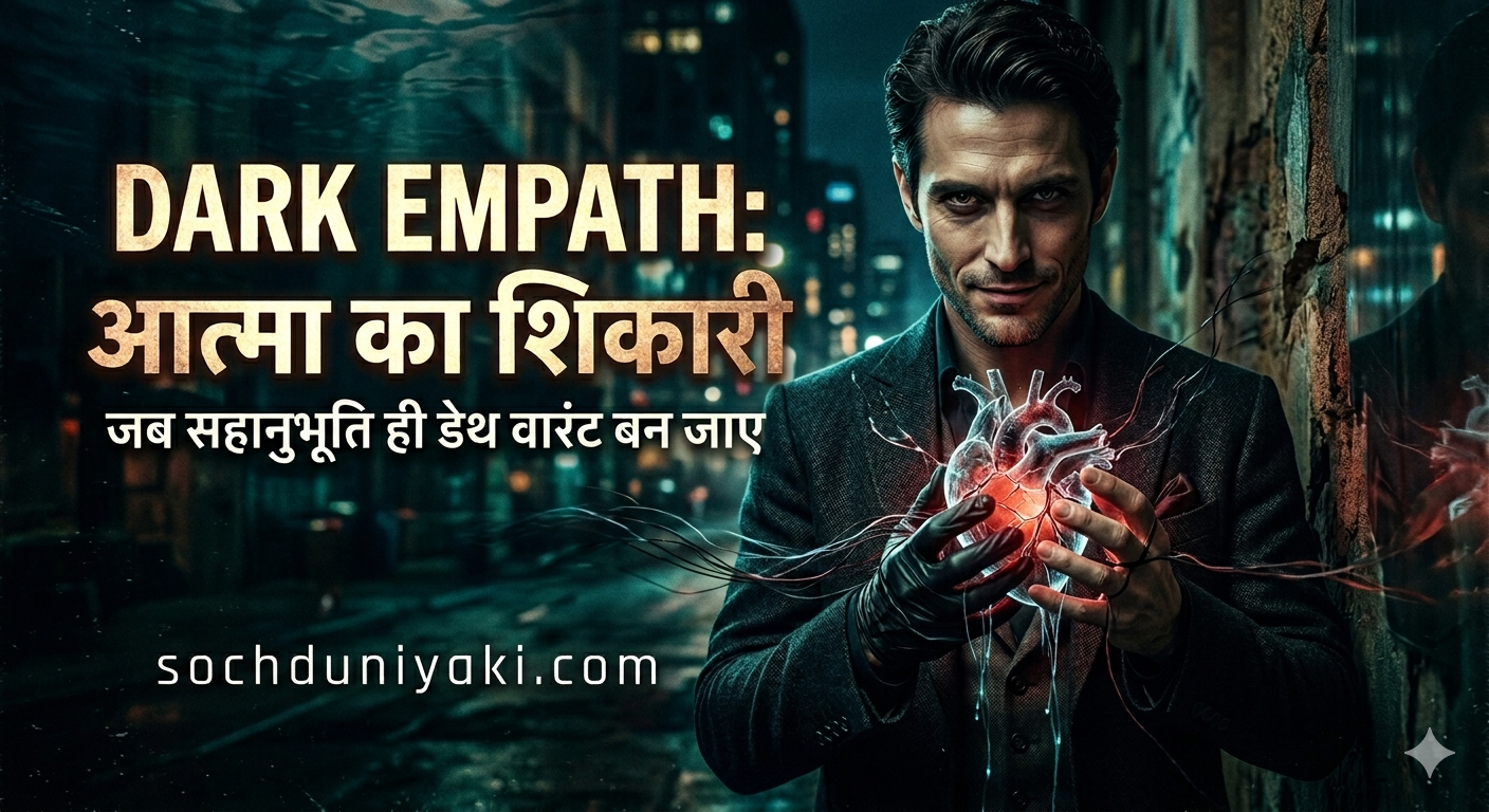 Dark Empath visualization showing a mysterious man holding a glowing human heart in a dark street representing emotional manipulation.