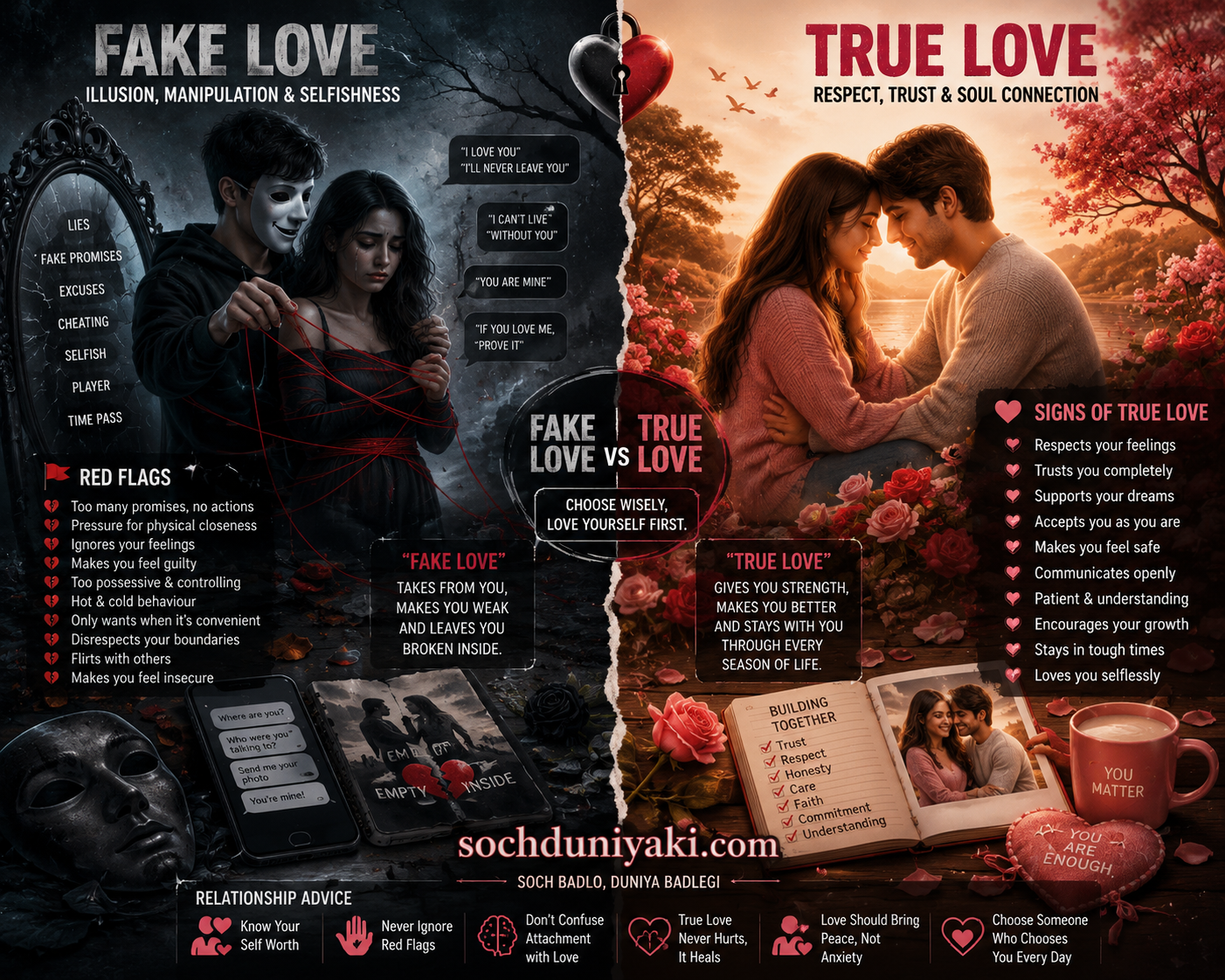 Fake Love vs True Love infographic showing emotional manipulation, relationship red flags, toxic love signs and the meaning of true love in Hindi by sochduniyaki.com